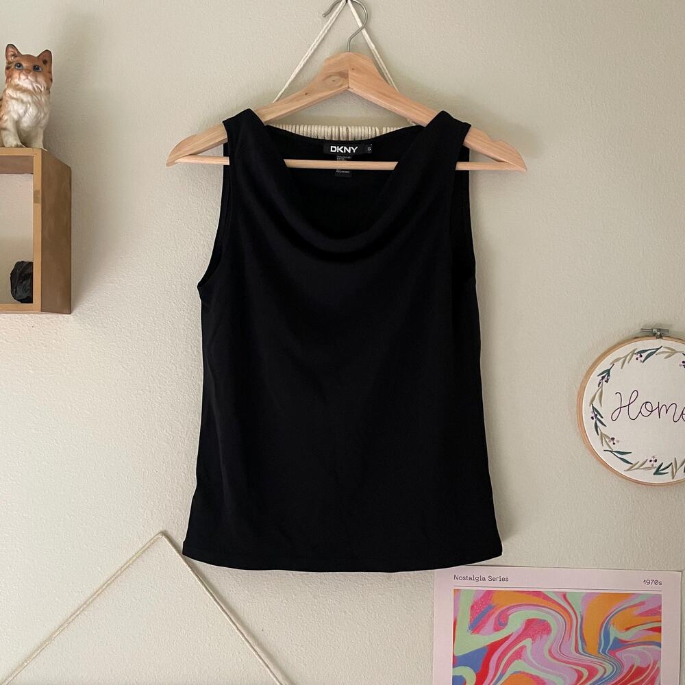 Y2K vintage 2000s DKNY black cowl neck tank top it girl minimalist office siren